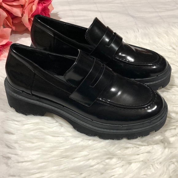Zara Patent Leather Chunky Platform Black Loafers